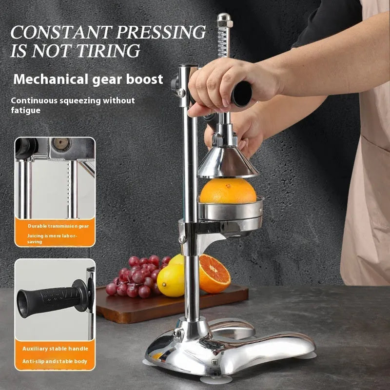 Stainless steel manual vertical citrus juicer on a countertop, showing optional colour finishes and head styles.