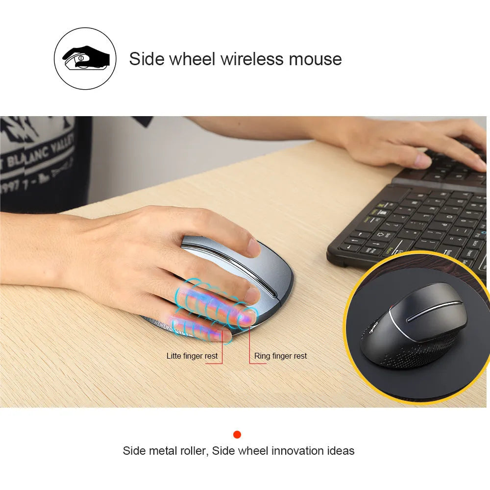 Black T32 wireless vertical ergonomic mouse with aluminium side roller on a desk