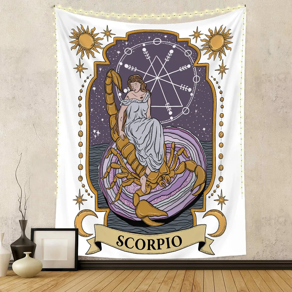 Rectangular polyester fibre tapestry with constellation skull tarot design in multiple sizes 73X95CM to 180X230CM