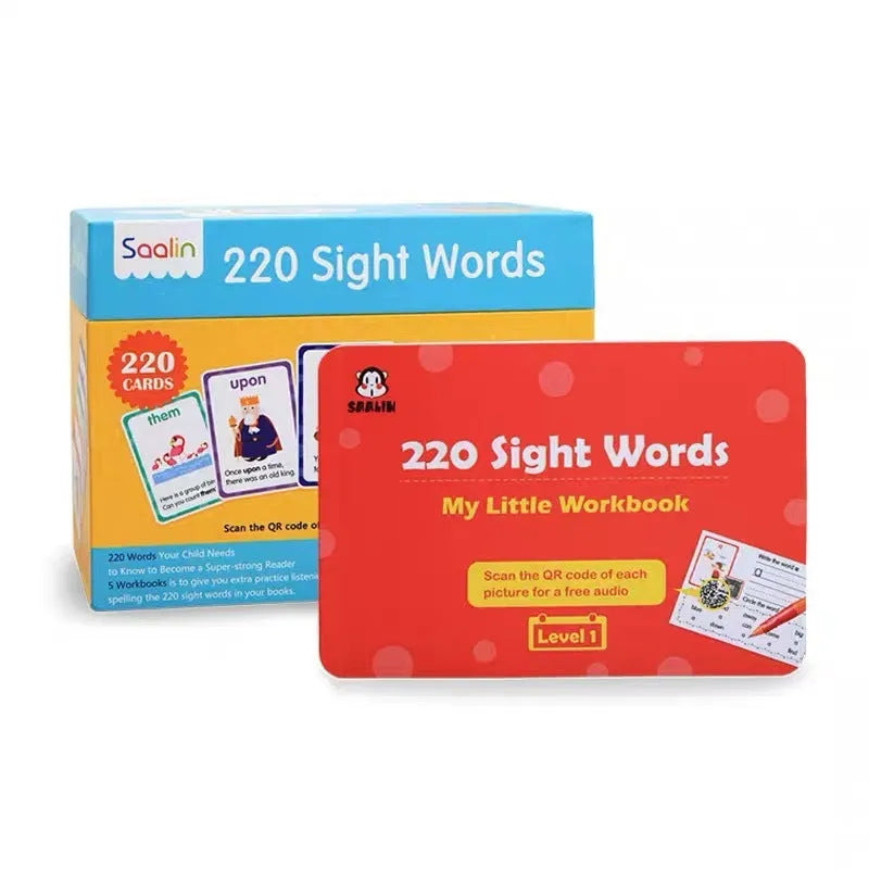 High-frequency word card set with 220 game cards and 5 workbooks for early childhood education