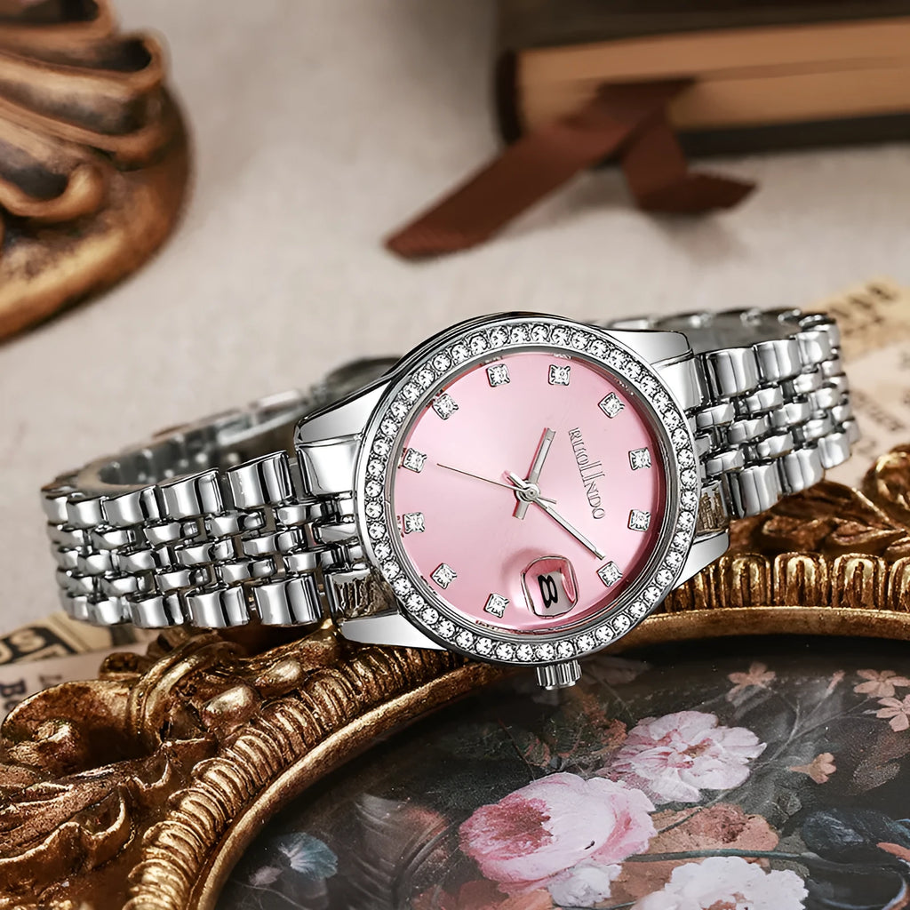 Women's silver calendar watch with circular 32mm dial and stainless steel folding buckle