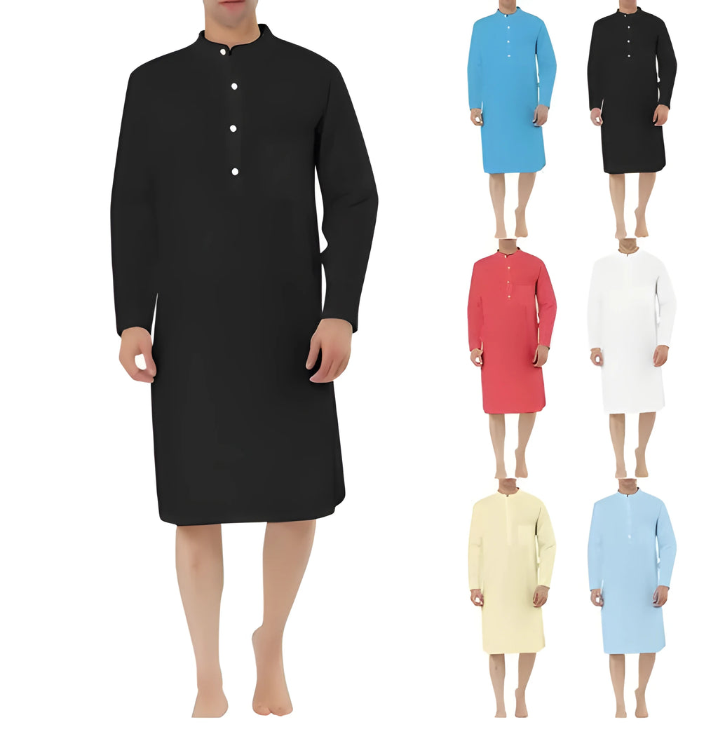A man's long-sleeve cotton shirt robe in a light blue colour, showing a button front and chest pocket.