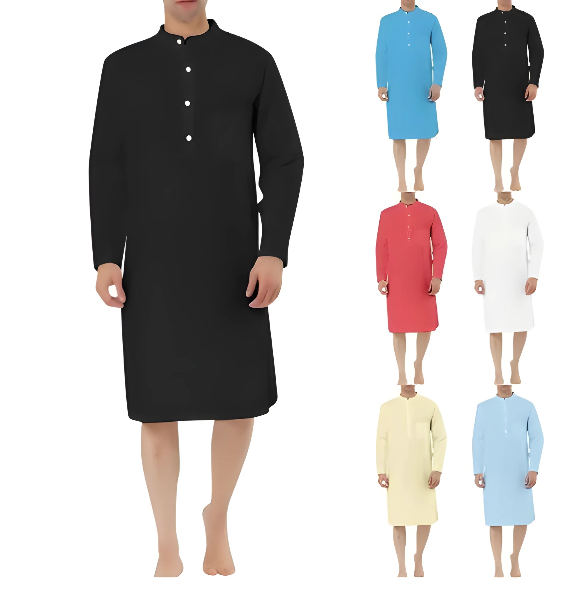 A man's long-sleeve cotton shirt robe in a light blue colour, showing a button front and chest pocket.