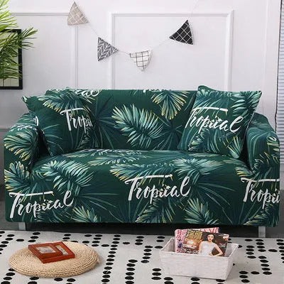 Geometric patterned stretch sofa slipcover fitted on a modern two-seater sofa.