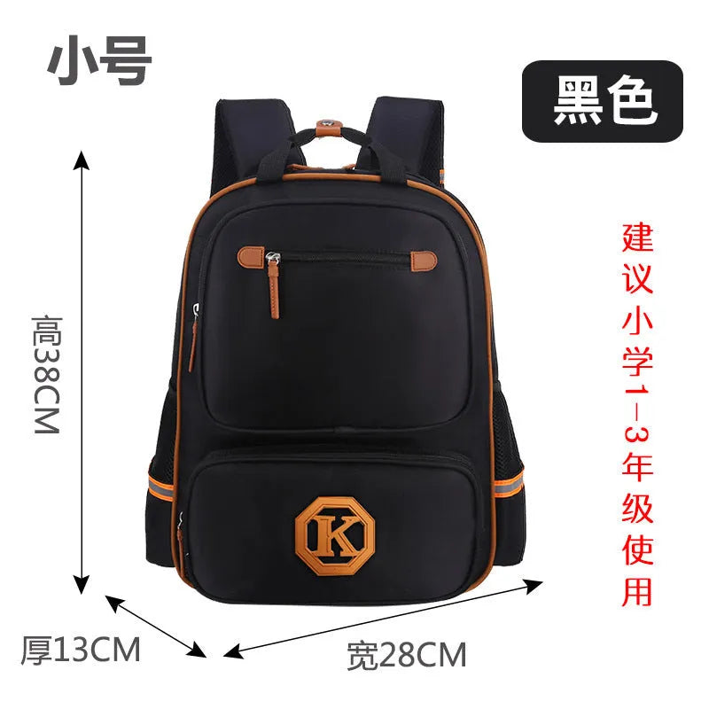 Children's schoolbag in black with English wind reducing design, multiple compartments, and adjustable straps