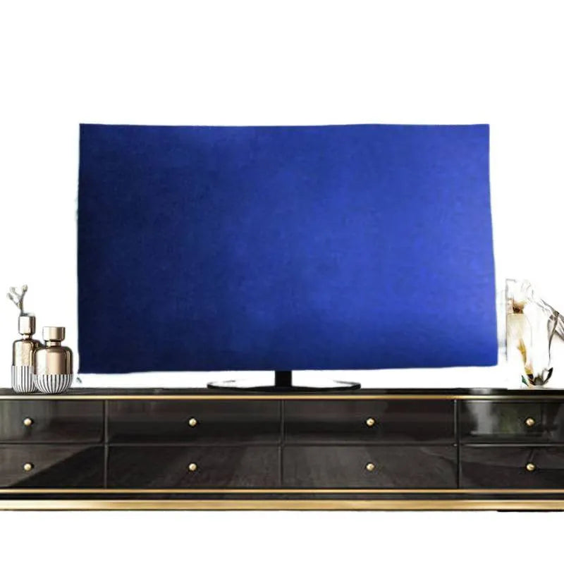 Velvet fabric TV cover draped over a television, shown in pink, black, gray, khaki, light blue and dark green colour options.