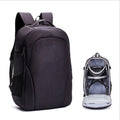 Black waterproof drone backpack with multiple compartments for camera and computer equipment