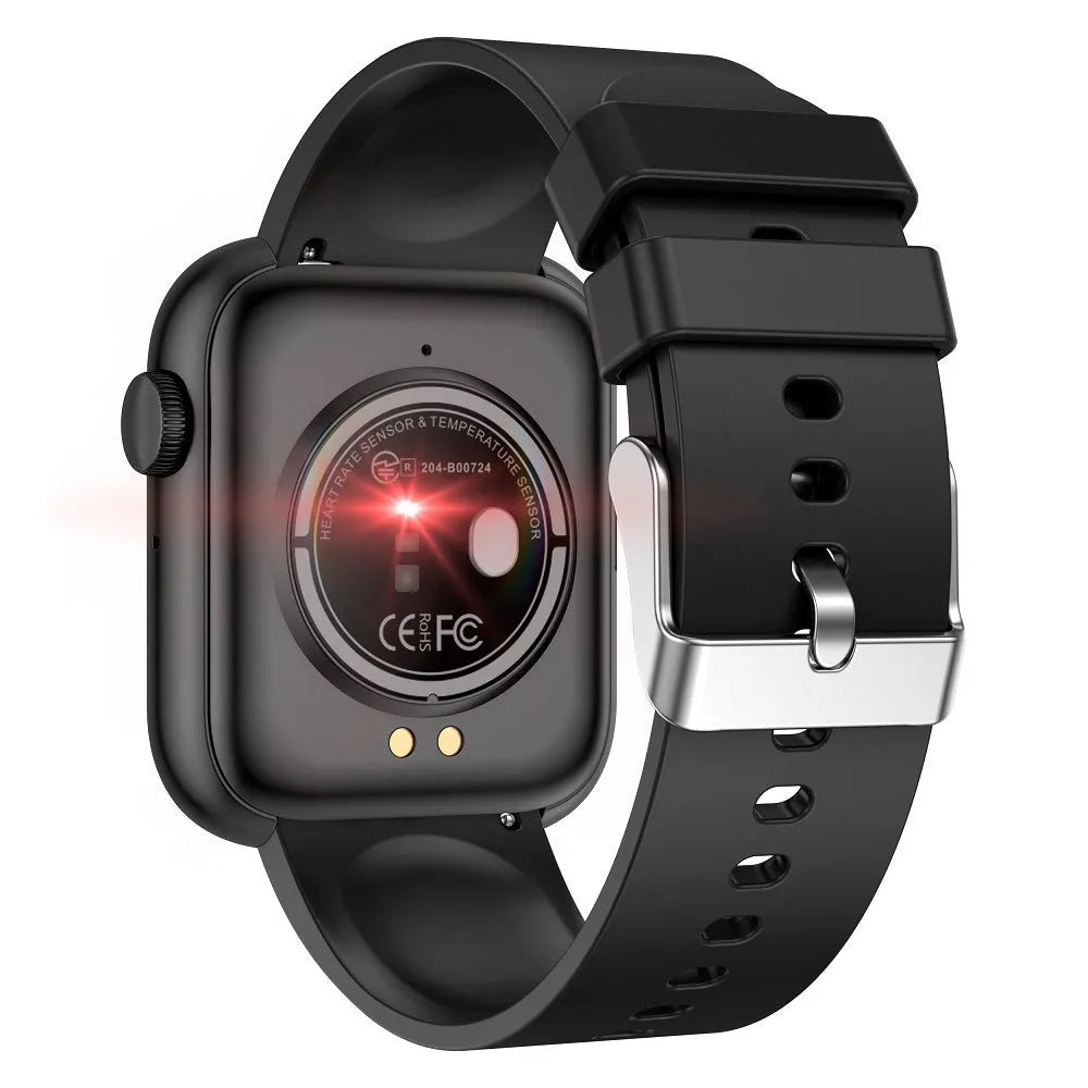 QX7 body temperature health smart watch with 1.85-inch TFT screen, metal knob, and silicone strap on a wrist