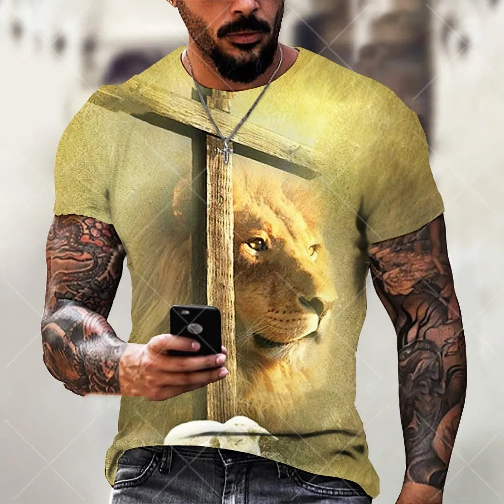 Men's grey t-shirt with a 3D printed Jesus face design on the chest