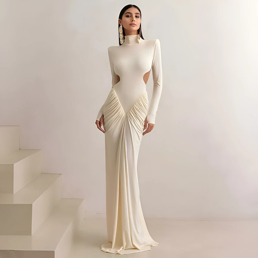 Long sleeve high collar slim fit pleated backless dress in a solid colour on a model.