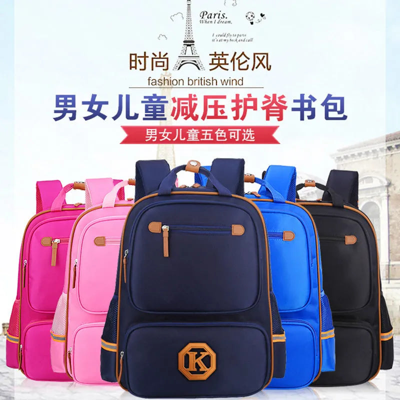 Children's schoolbag in black with English wind reducing design, multiple compartments, and adjustable straps