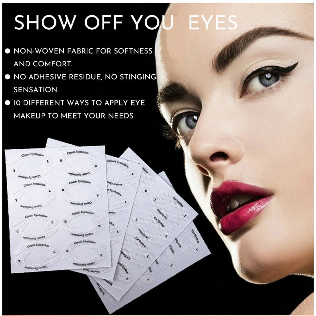 Set of four reusable flexible eyeliner and eyeshadow makeup sticker templates on a table