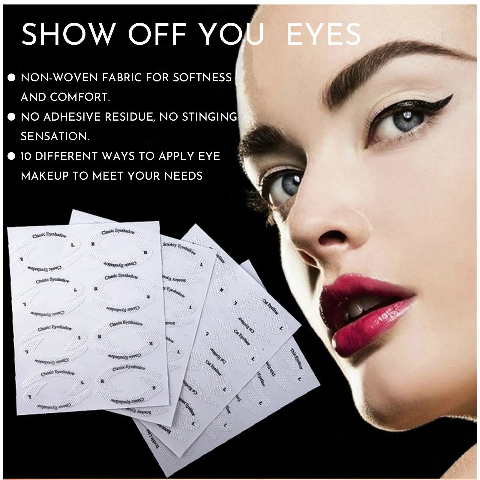 Set of four reusable flexible eyeliner and eyeshadow makeup sticker templates on a table