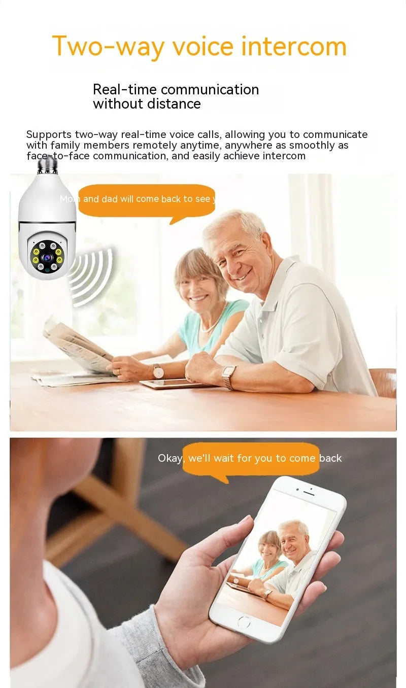 Wireless bulb security camera with 1080p HD resolution and full colour night vision measuring 5cm by 12cm