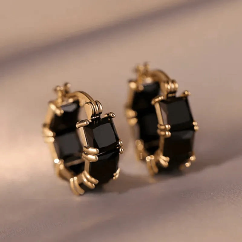Geometric U-shaped zirconium earrings with round detailing in black, pink or white options