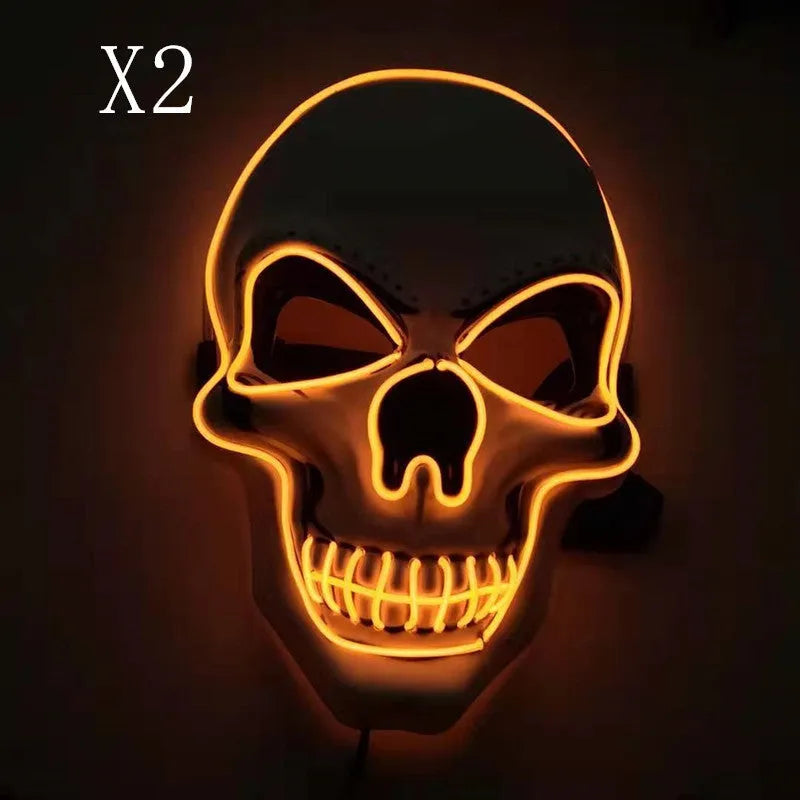 Skull LED glowing Halloween mask with EL wire, available in multiple colours, on a black background