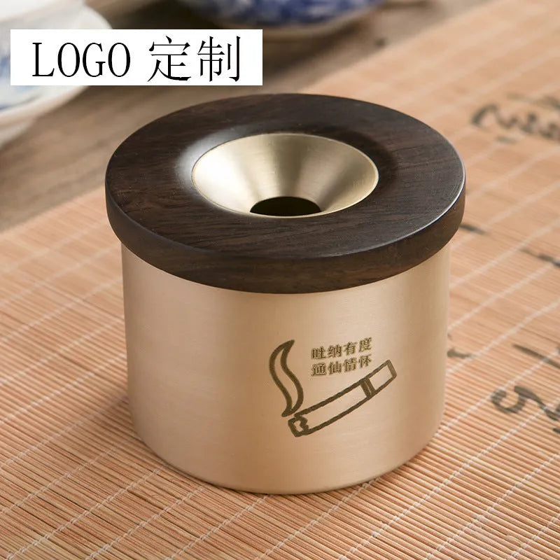 Brass ashtray with wooden lid featuring retro design for living room decor