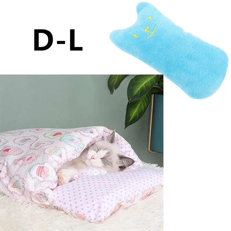 Warm semi-enclosed cat bed with removable washable quilt, cloth cave design for small to large cats