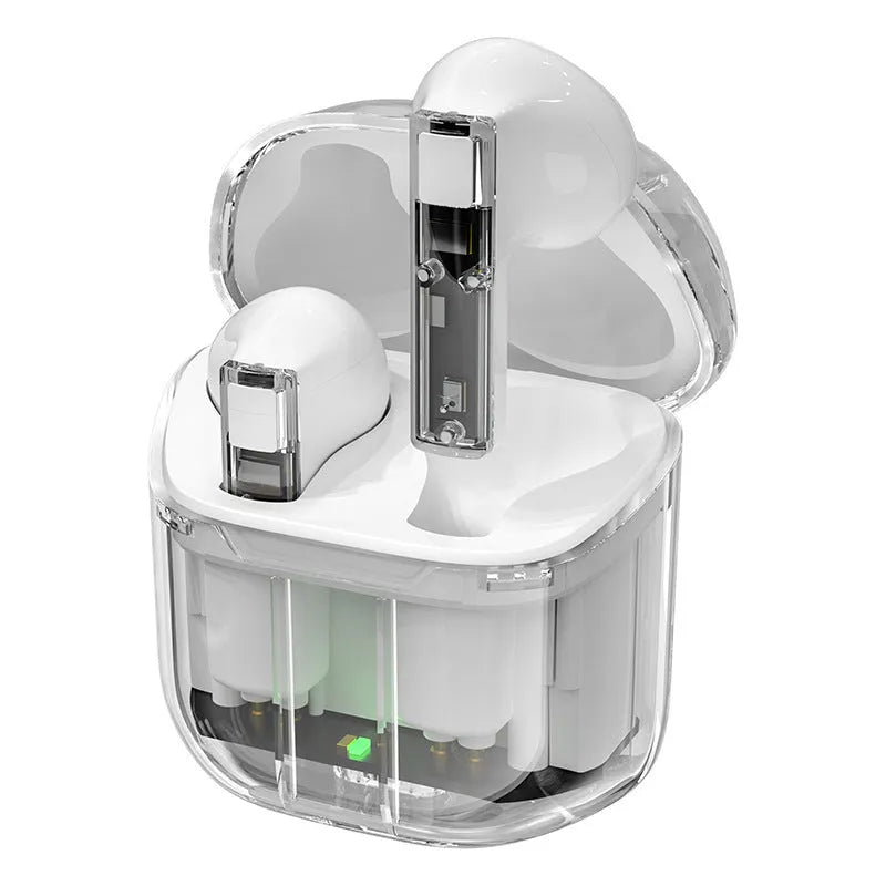 YX06 transparent case TWS wireless earphones in black, white, orange, and green colours.