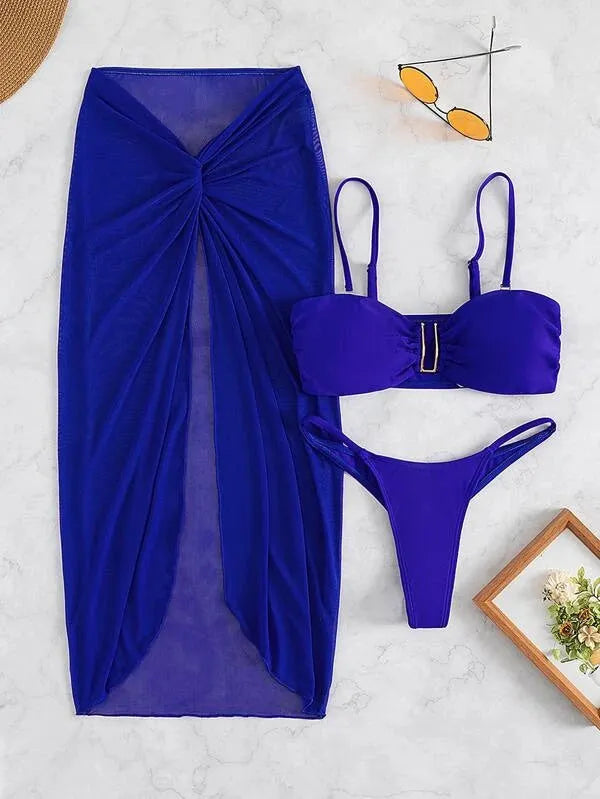 Women's multicolour bikini three-piece set with culotte skirt in French style
