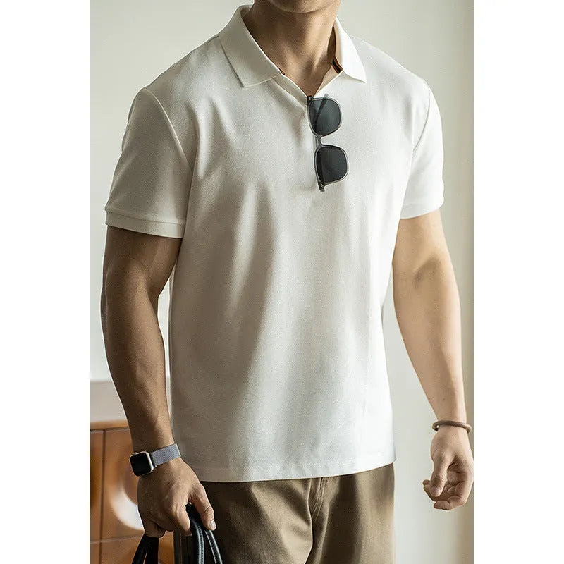 American-style short-sleeved polo shirt in blue, black, or white on a hanger.