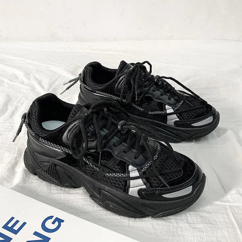 Men's white platform dad shoes with lace-up front, shown on a light background
