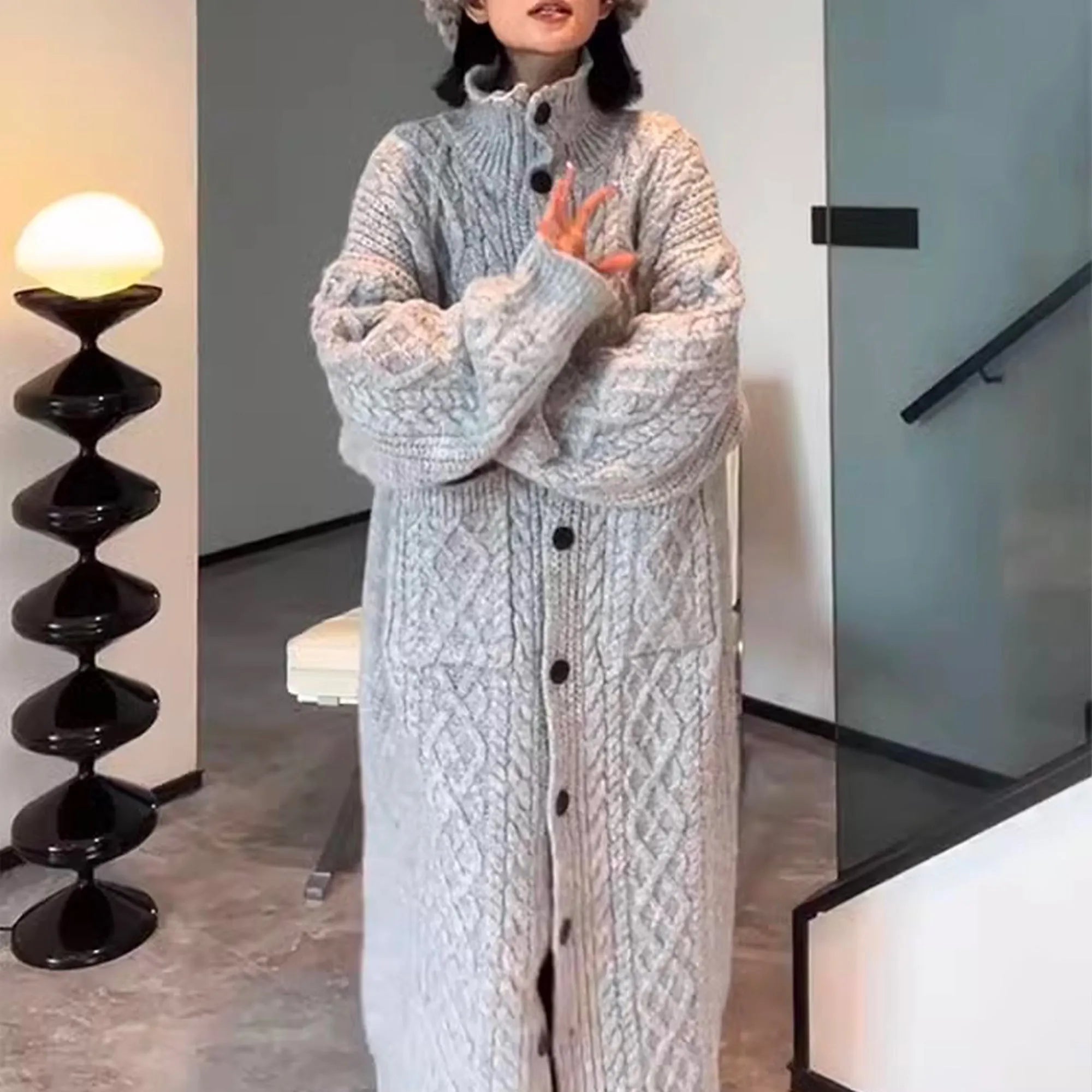 Women's high collar thickened twist sweater coat in gray alpaca blend, over-knee length cardigan with loose fit