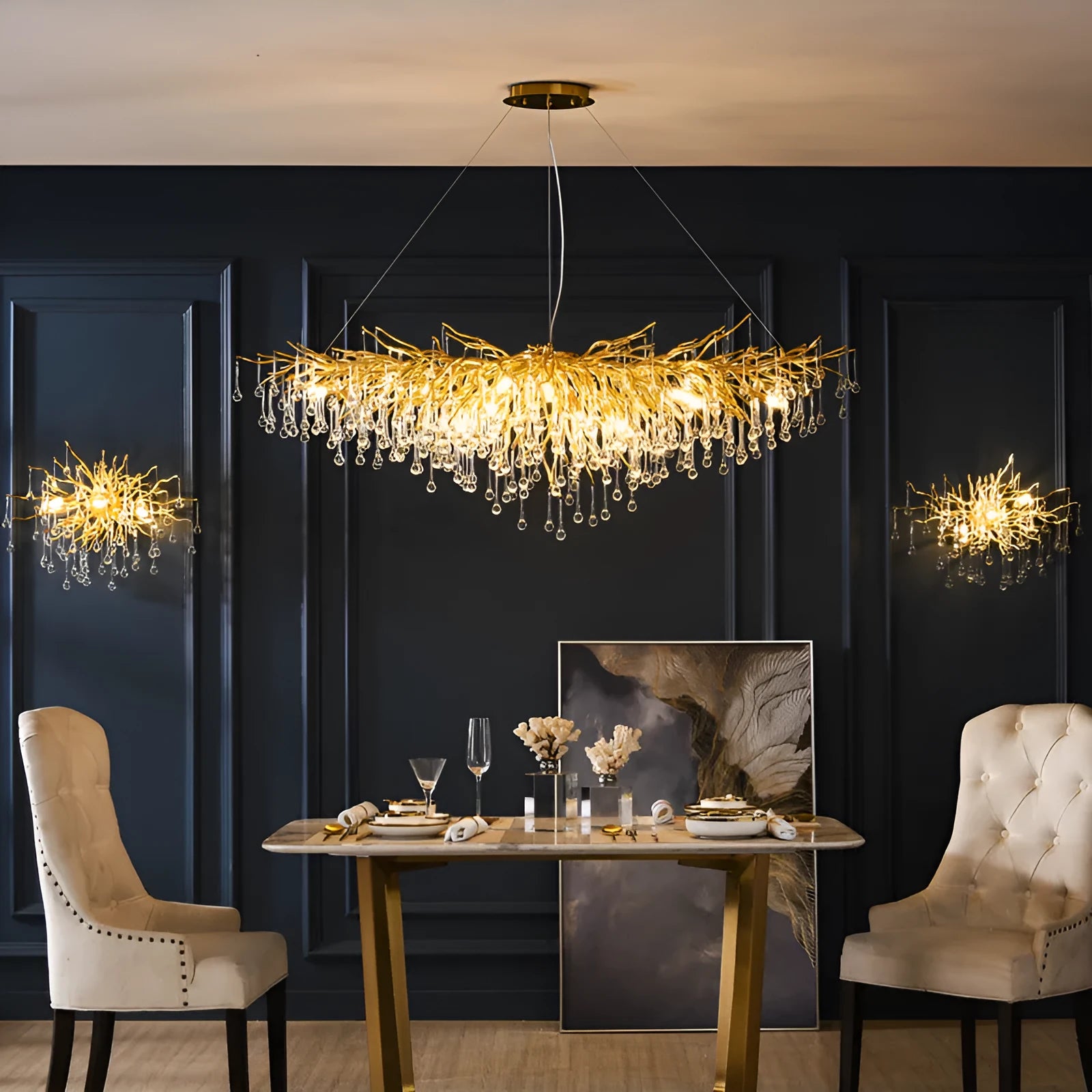 Postmodern light luxury water drop crystal chandelier with aluminium frame, adjustable height 0.5m, diameter 600mm