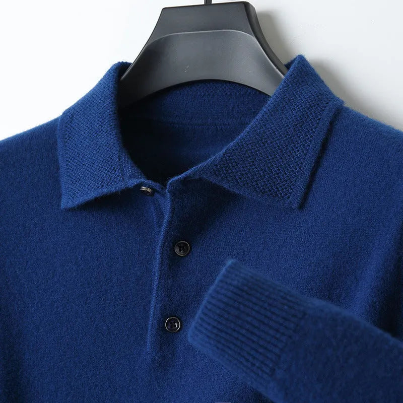 Men's wool polo collar pullover sweater in noble blue colour, showing long sleeves and collar detail.