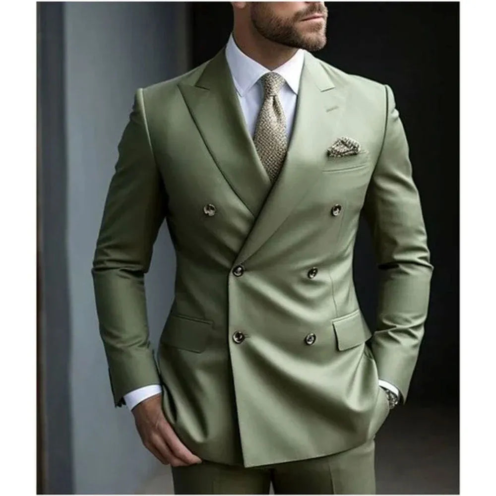 Men's grey Korean-style slim fit two-piece suit jacket and trousers on a hanger.