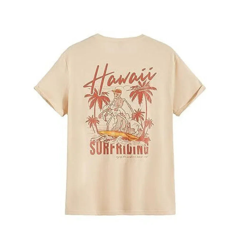 Men's short-sleeved printed street t-shirt on a hanger, showing digital print pattern on polyester fabric.