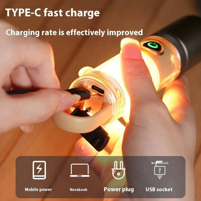 Orange rechargeable LED flashlight with hook attachment showing dual light sources