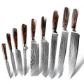 Chef knife with laser Damascus pattern blade, colour steel handle, showing 18cm blade length
