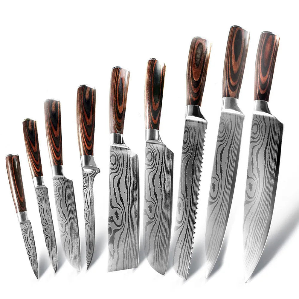 Chef knife with laser Damascus pattern blade, colour steel handle, showing 18cm blade length
