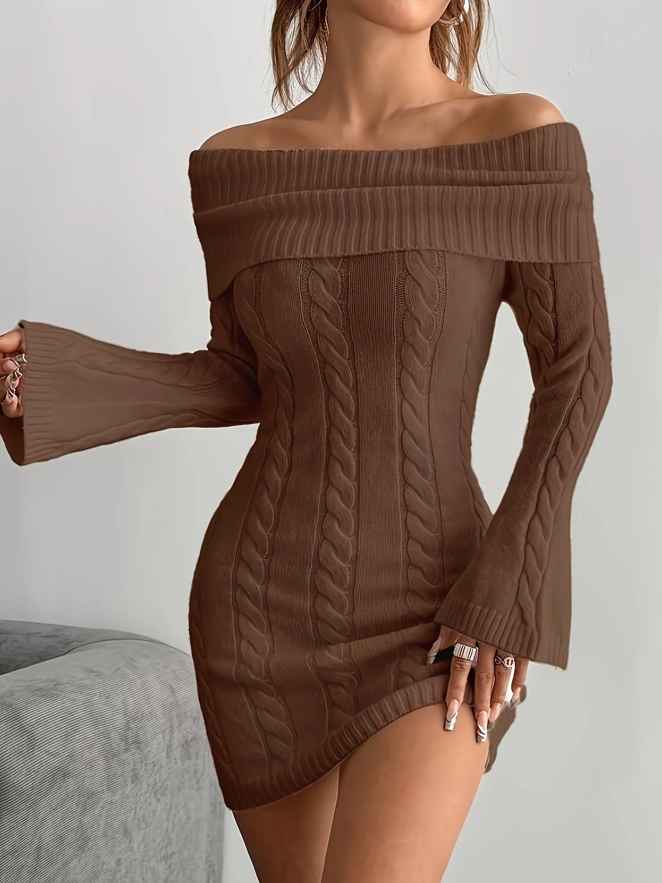 Women's polyester sweater dress with ribbed pencil skirt, boat neck, flared long sleeves, elastic waist, in khaki