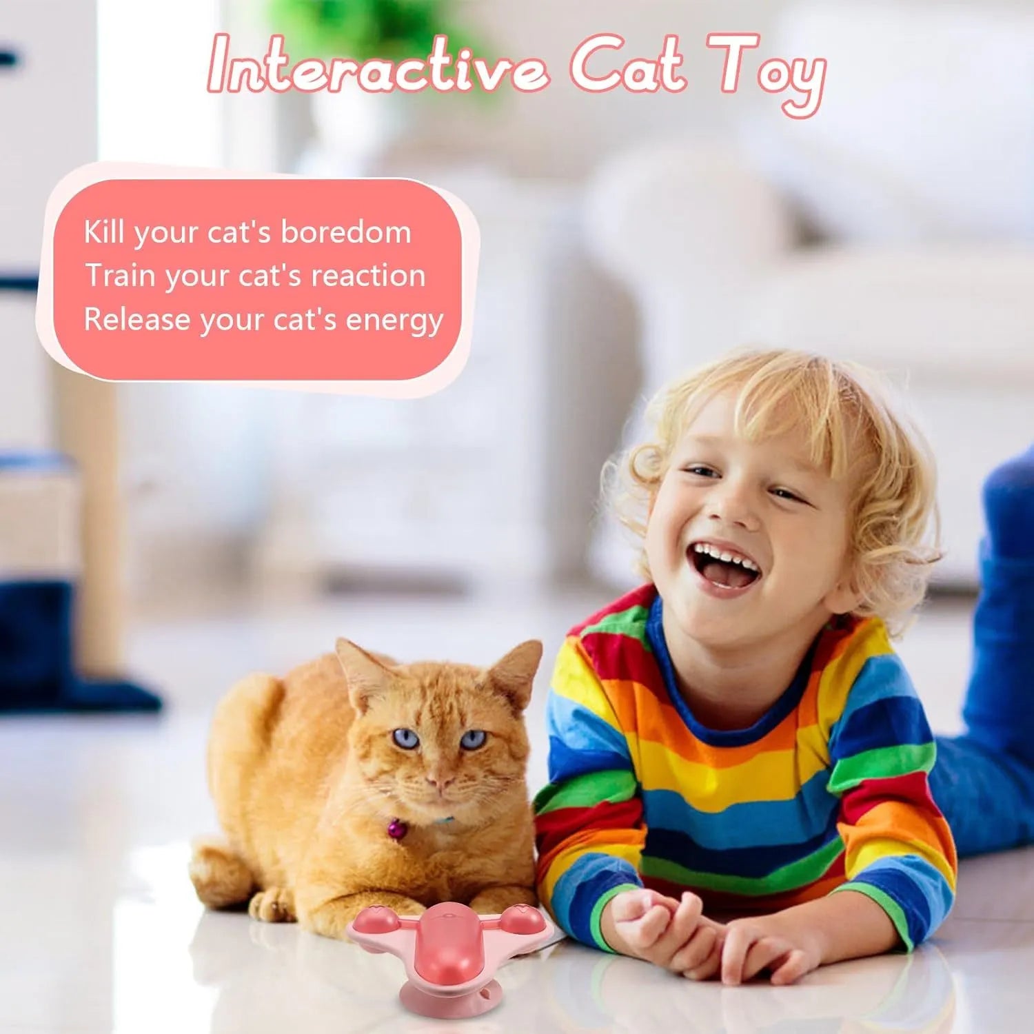 Blue interactive pet puzzle toy with airplane cabin, bell, and catnip compartment on a suction cup base.