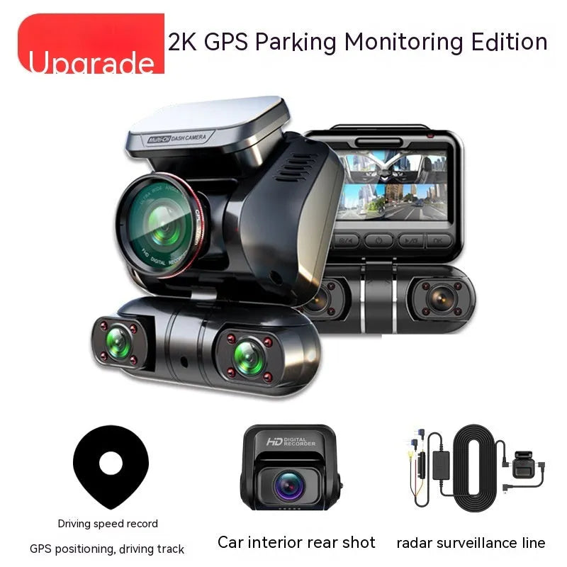 Black panoramic driving recorder dash cam with multiple lenses on a compact 2-inch screen unit.