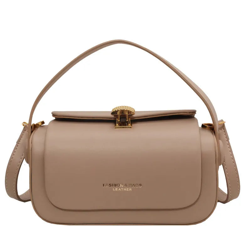 Women's personalised PU messenger bag in beige with embroidered letters and stitching detail