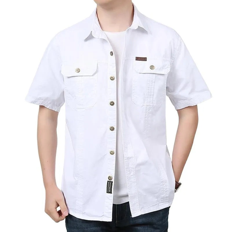 Men's cotton short sleeve loose fit cardigan shirt in dark blue on a model, summer workwear style