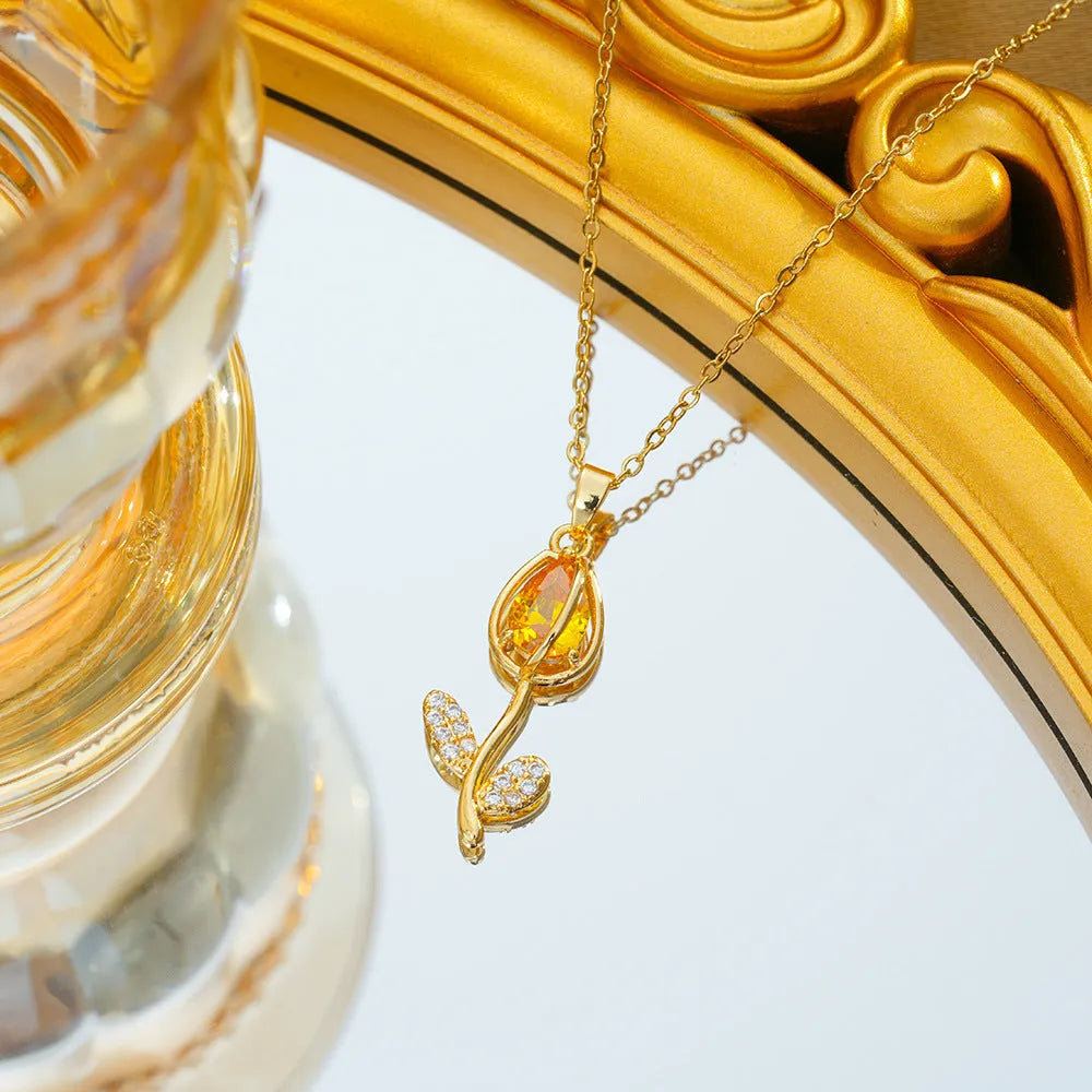 Zircon tulip necklace for women with flower-shaped pendant on adjustable titanium steel chain