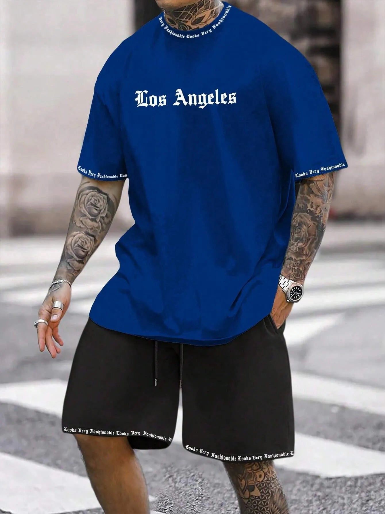 Men's printed polyester blend short sleeve top and matching shorts casual sports set