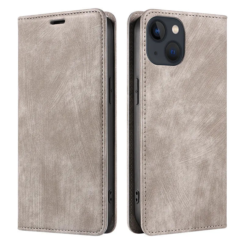 Magnetic flip phone case for iPhone in multiple colours, showing TPU body and leather cover.