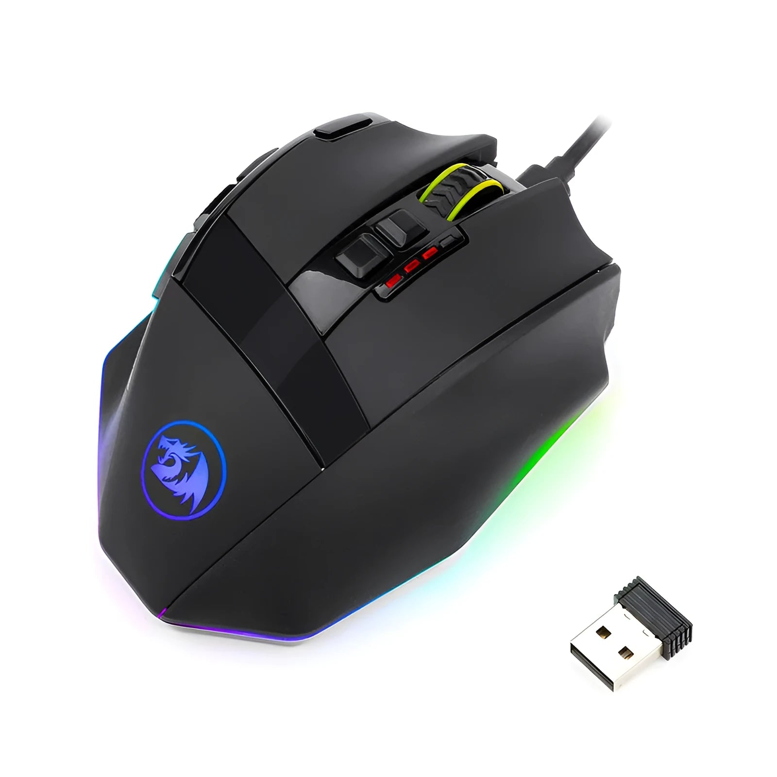 Black Redragon M801P dual-mode wireless and wired gaming mouse on a desk
