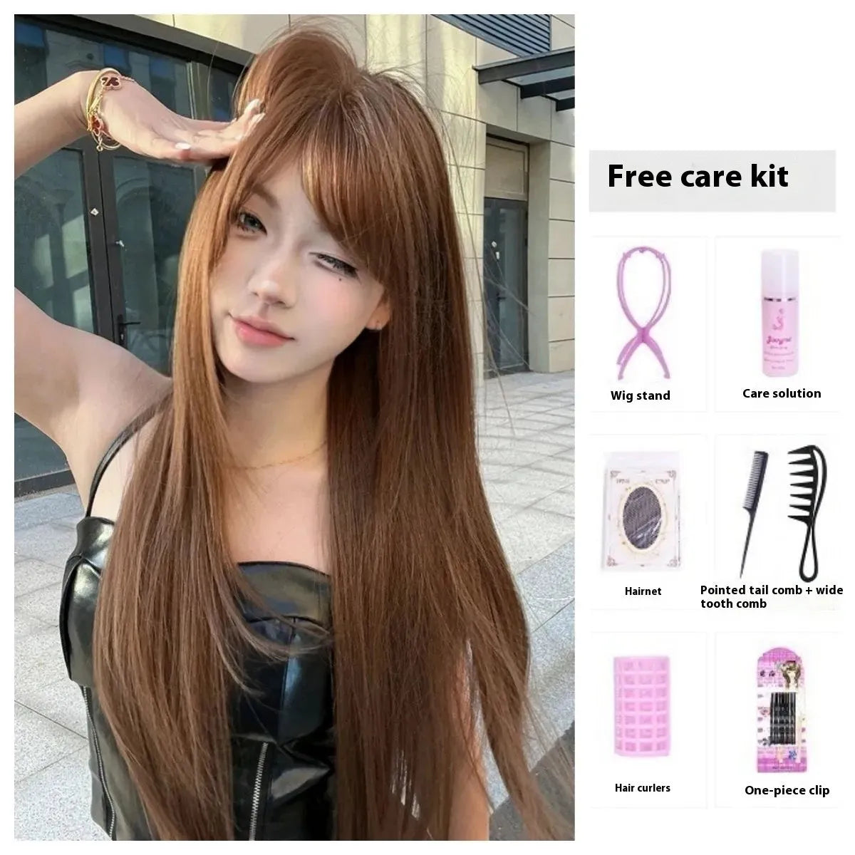Warm tea chestnut brown long straight synthetic wig with fringe on a model or stand.