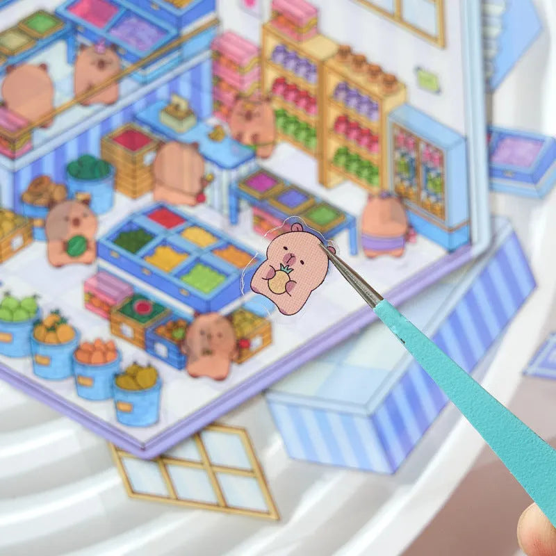 Set of eight Capabala cut-free 3D cartoon shop stickers showing bakery, bookstore, and flower shop designs.