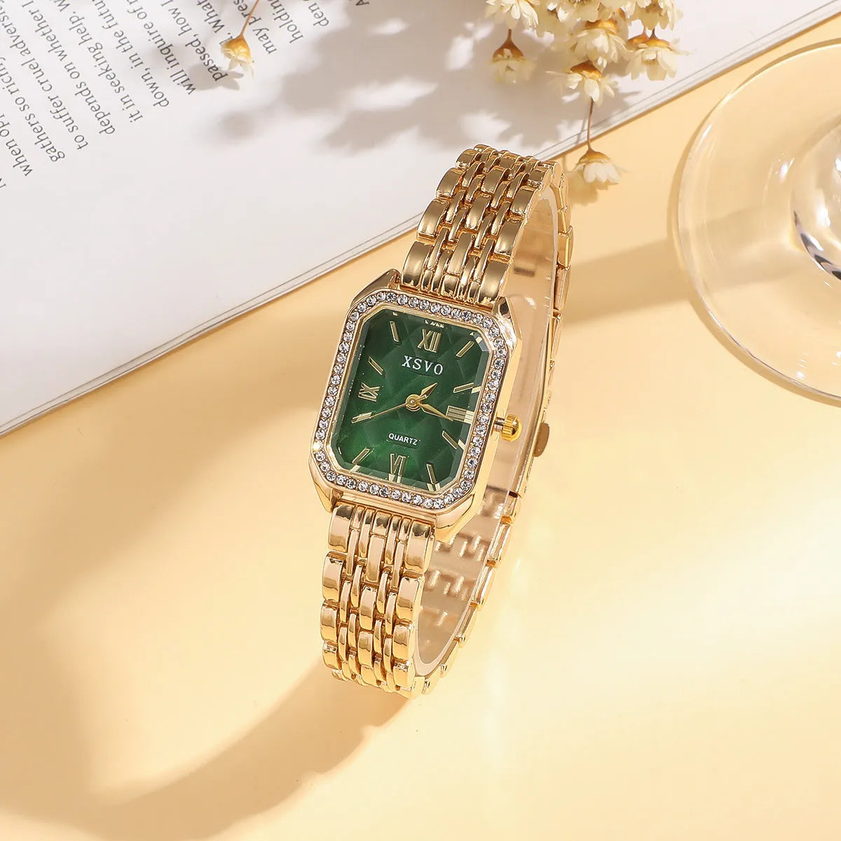 Gold green square women's watch with four matching alloy bracelets in gift set