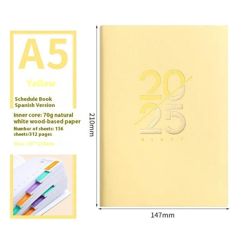 2025 A5 daily planner with faux leather cover, open to show Dorian paper pages.