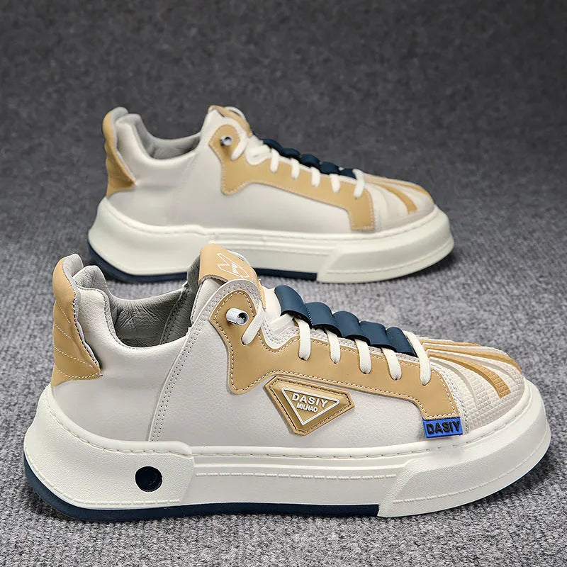 Men's beige low-top sneakers with elastic band and leather stitching details