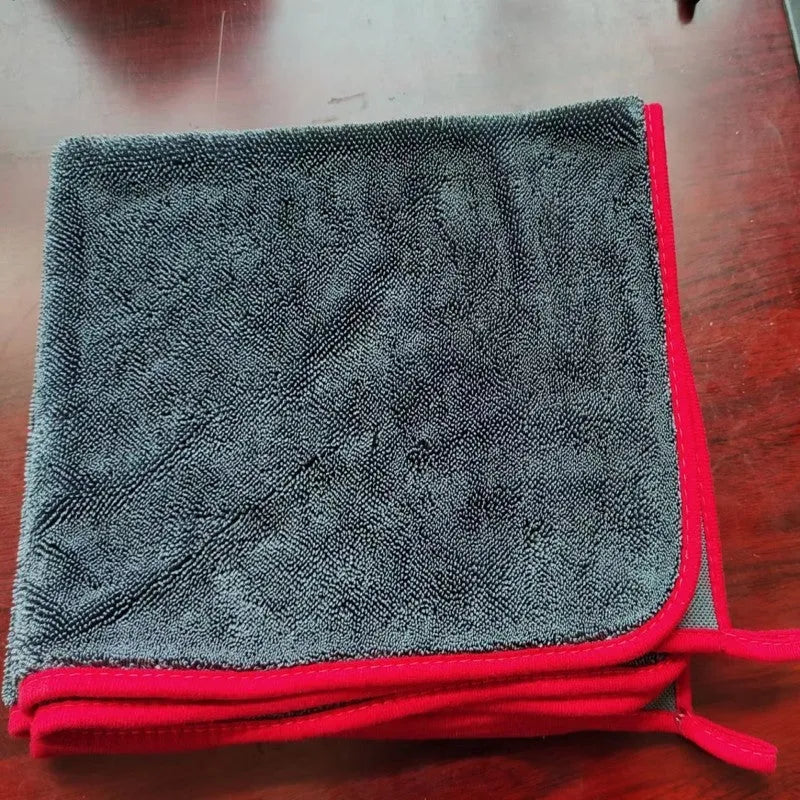 Small braid twisted Korean fibre car cleaning towel shown in grey and grey with red edge colour options with multiple size variations