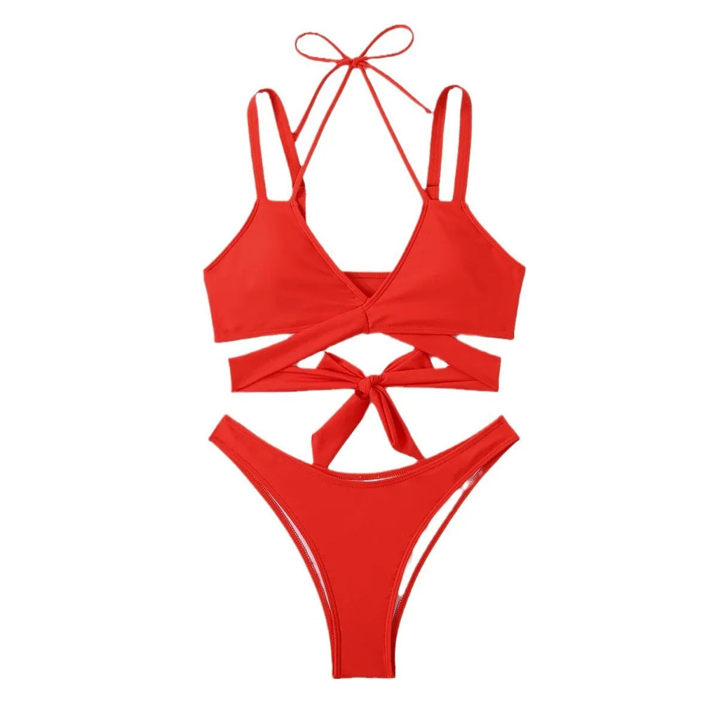 Women's solid colour bikini swimsuit with adjustable straps on triangle top in black, blue, red, rose red, or white